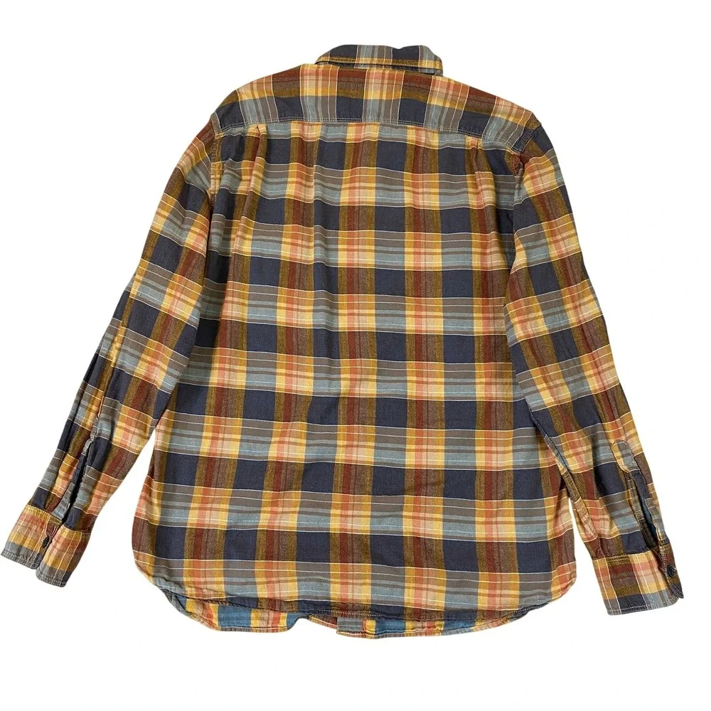 Lucky Brand Dungarees Shirt Men M Navy Gold Plaid Fall Button Up Flap Pockets